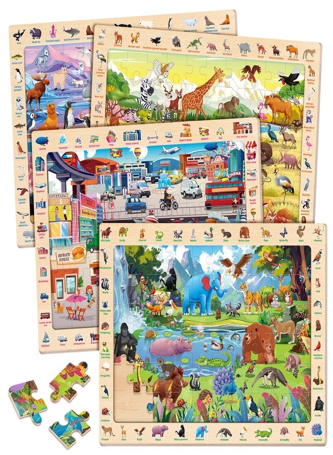 SYNARRY Wooden Puzzles for Kids Ages 4-6, 4 x 60 Piece Match & Find Puzzles for Kids Ages 3-5 Boys Girls, Educational Toys Gifts for 4-8 yo for Learning Jungle Savannah Polar Animals & City Life - Image 1